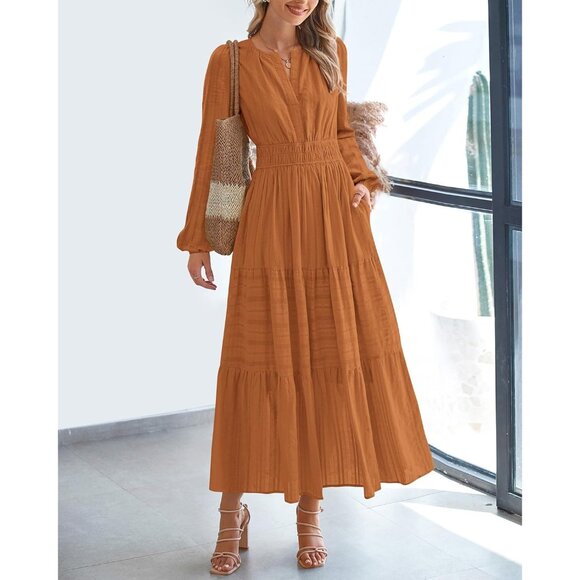 Women Brown Orange Long Sleeve V Neck Elastic Waist Maxi Dress With Pockets - Picture 2 of 8